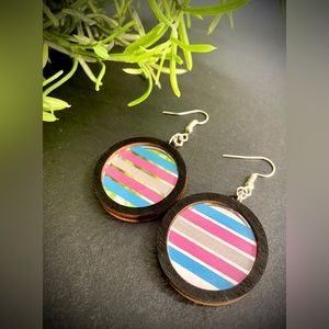 Hand Painted Mirror & Wood Trans Pride Flag Dangle Earrings
